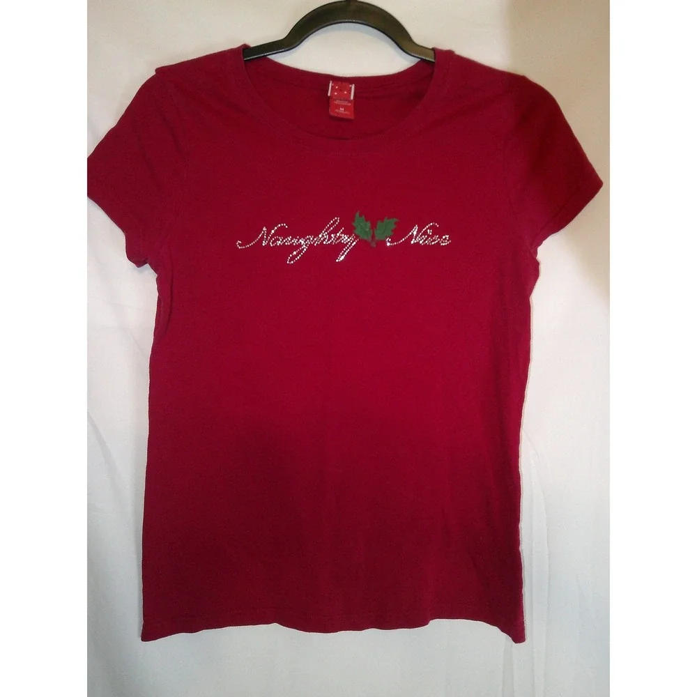 Red Naughty Nice Christmas Rhinestone Holiday T-Shirt‎ Medium